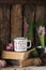 White ceramic cup of coffee on old books on rustic wooden background with cones and hyacinth