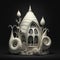 White ceramic fairy house with curved walls and windows, snail and flower elements, monochrome object isolated on solid black