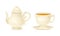 White Ceramic Teapot and Tea Cup on Saucer with Hot Aromatic Beverage Poured with Boiling Water for Brewing Vector Set