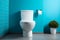 White ceramic toilet against a blue wall forms a clean and refreshing bathroom