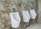 White ceramic urinals for men on raw concrete wall