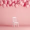 White chair with floating pink balloons in pink background room studio.