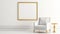 White Chair On White Wall With Gold Frame - 3d Rendered Large Canvas Format