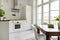 White chair at wooden dining table in simple kitchen interior wi