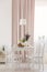 White chairs at table with flowers under lamp in dining room interior with pink drapes. Real photo