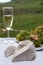 White chalk stones from Cote des Blancs near Epernay, region Champagne, France, glass of blanc de blancs champagne from grand cru