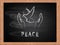 White chalk text peace and flying dove on school blackboard flat design.