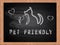 White chalk text pet friendly and outline silhouettes of dog and cat on school blackboard flat design.