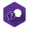 White Chat question icon isolated with long shadow. Help speech bubble symbol. FAQ sign. Question mark sign. Purple