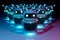 White chatbot robot leading robots group on dark bluish reddish background 3D rendering