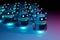 White chatbot robot leading robots group on dark bluish reddish background 3D rendering