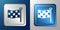 White Checkered flag icon isolated on blue and grey background. Racing flag. Silver and blue square button. Vector