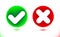 White checkmark and crosshair icon in green and red circles. Tick set symbol. Modern infographics colorful ornamental ui element
