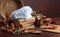 White chef`s hat and old cookbooks.