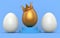 White chicken eggs in row and unique gold egg in royal king crown on podium