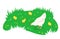 White chicken with little chicks grazing in green meadow cartoon banner
