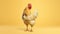 A white chicken standing on a yellow background