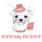 White Chihuahua with pink hat hand drawn portrait