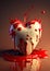 White chocolate heart. Dripping, oozing, splashing red liquid, paint, cream over it. Valentine`s day concept. Ai generative