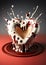 White chocolate heart melting, dripping, oozing, splashing chocolate cream from it. Valentine`s day concept. Ai generative