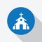 White Christian chapel,church icon in blue circle