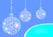 White christmas balls with snowflakes on a blue background. Holiday card