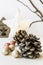 White Christmas decoration composition, big pine cones, scattered baubles, shiny star, wooden candle holder, dry tree branches