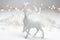 White Christmas decoration in scandinavian style with a reindeer, snow flakes and bokeh lights in the background