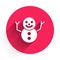 White Christmas snowman icon isolated with long shadow. Merry Christmas and Happy New Year. Red circle button. Vector