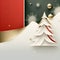 A white christmas tree on a light cream ivory background with red and dark grey and gold elements in the background