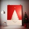 White christmas tree on a red background in a picture frame next to a real live christmas tree in a room