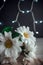 White Chrysanthemum flowers in brown craft paper on a white table. Golden-daisy bouquet on blurred background