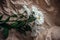 White Chrysanthemum flowers in brown craft paper on a white table. Golden-daisy bouquet on blurred background