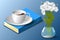 White chrysanthemums, cup and book