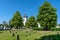 White church with cemetery in bright sunlight