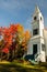 White church and Fall colors.