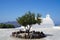 White church and lone olive tree in Santorini