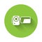 White Cinema camera icon isolated with long shadow. Video camera. Movie sign. Film projector. Green circle button