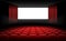 White cinema theatre screen with red curtains and chairs