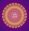 White circle openwork mandala. Purple, yellow, colors. Sign Aum / Om / Ohm in center.
