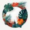 White circle surrounding by colorful vector palms and monstera leaves. Generative Ai