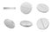 White classic pills from different angles. Realistic round tablets set. Vector Illustration