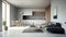 White clean kitchen interior concept with wooden dinning furniture and gray sofa, Generative AI
