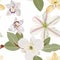 White clematis, orhid, magnolia flowers seamless pattern, branch, greenery.