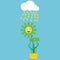 A white cloud pours money on a flower made of paper dollars. Rain of money and a happy joyful flower. Vector illustration.