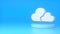 White cloud sign on a light blue podium on a blue background. The concept of weather, data centers, information, cloud services,