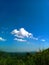 white clouds in the beautiful blue sky above the house