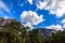 White clouds, granite mountains and green lush trees in the bottom foreground