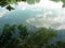 White clouds and green trees reflected on the water