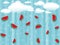 White clouds and many falling slices of watermelon pieces on background of vertical wavy strips of blue color, bokeh